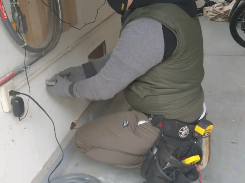 Electrician performing outlet wiring in a Pinehurst garage